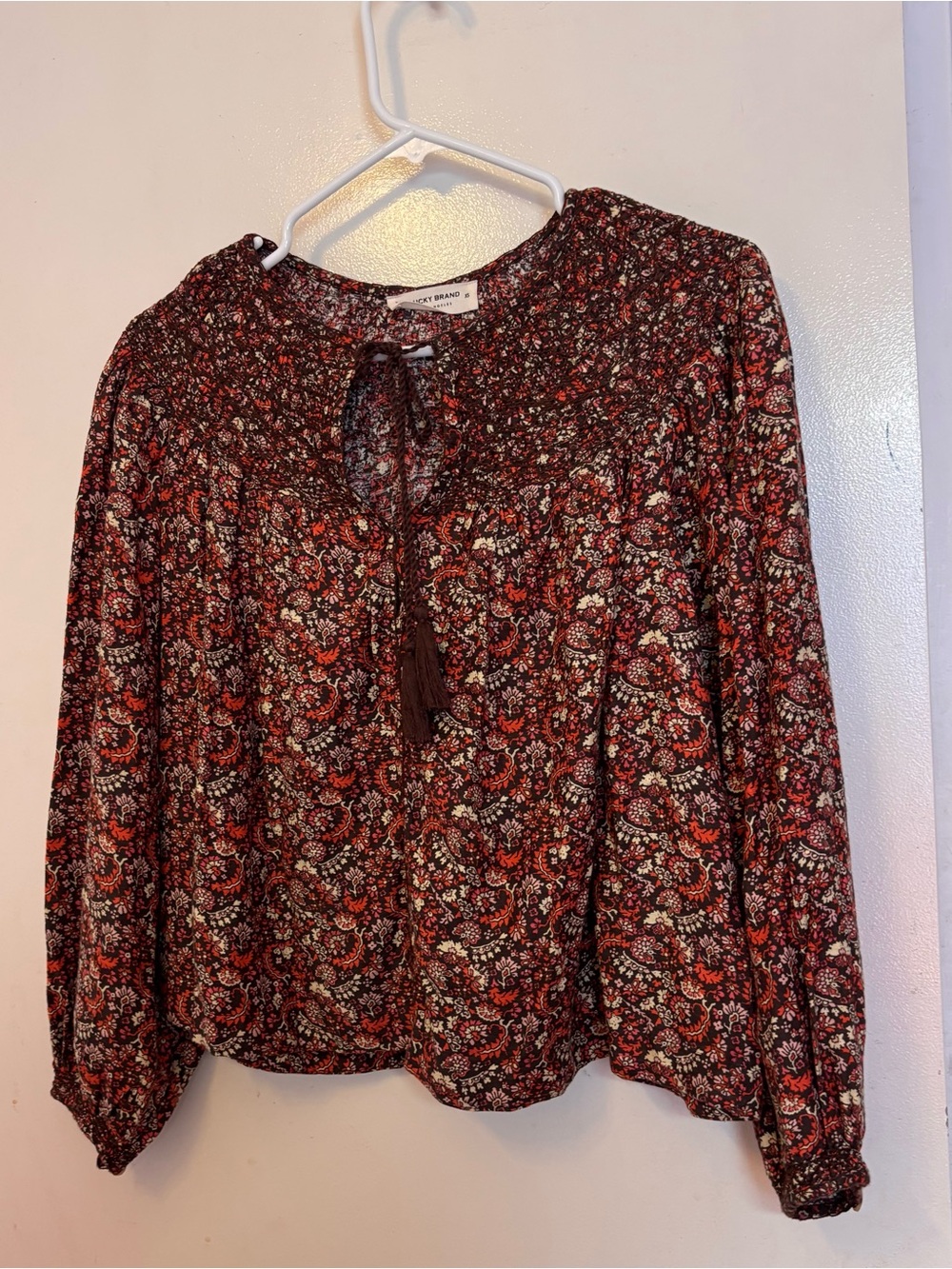 Lucky Brand Burgundy Floral Tie-Neck Peasant Blouse